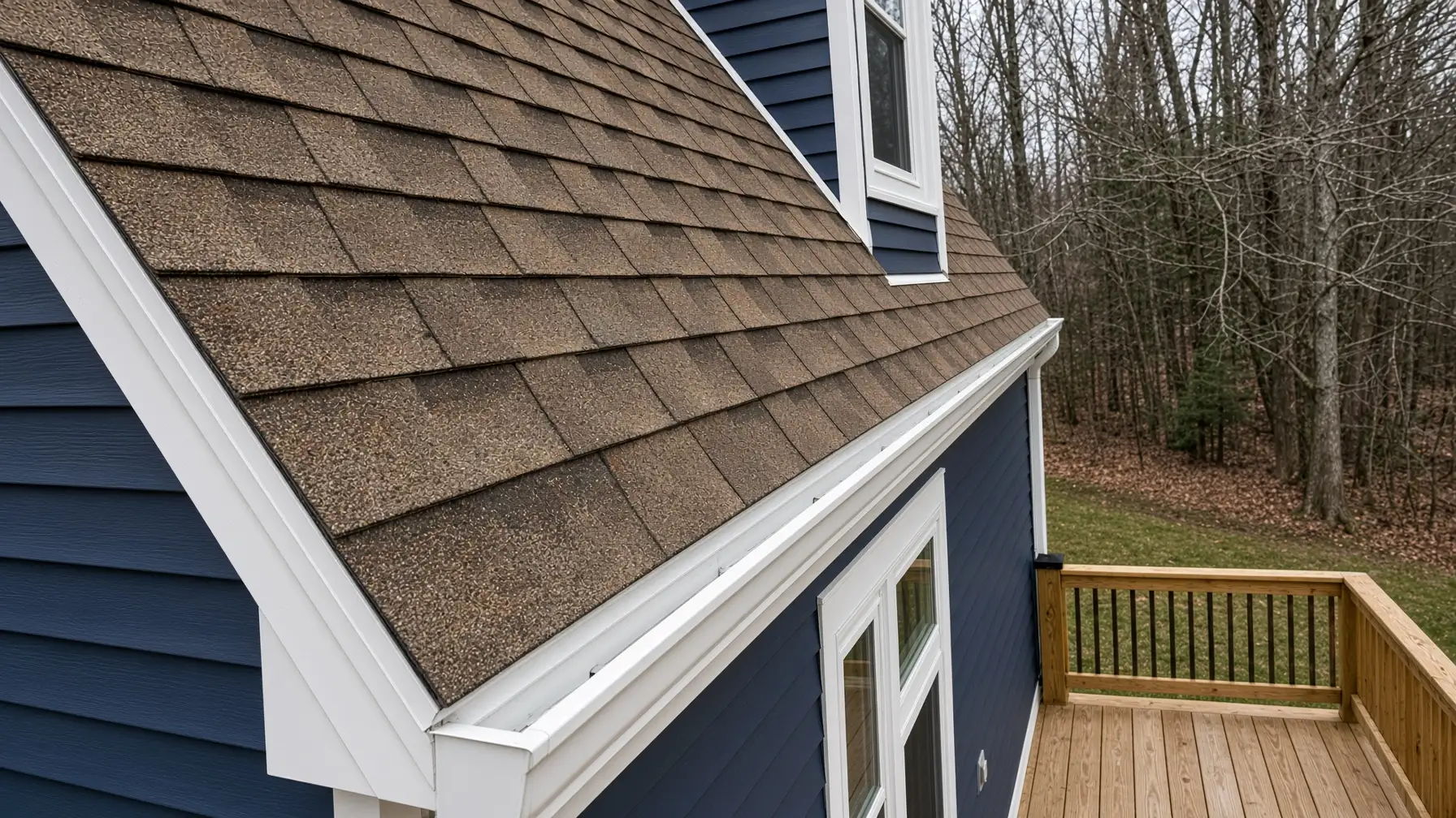 Aerial view of a finished roof and gutter line in Hartford County, Connecticut